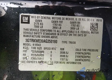 2010 GMC Sierra 1500 Slt z USA, uszkodzony, nr VIN 3GTRKWE39AG250180